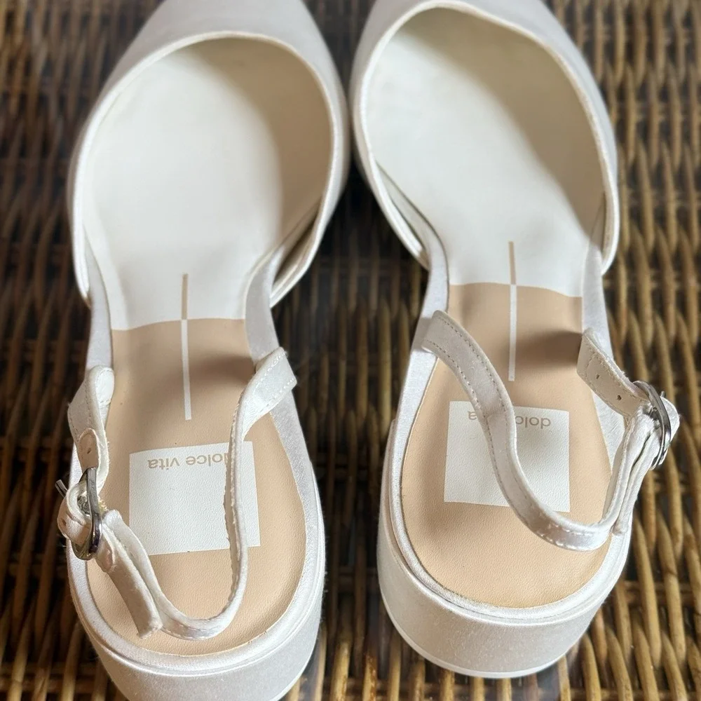 Dolce Vita Carel Pointed Toe Low Block Heel Pumps True White Satin Sz 7